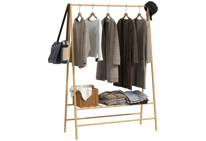 HOMCOM HOMCOM Garderobenständer Kleiderstange, Garderobe aus Bambus, Ausstellungen, Waschküche, (Kleiderbügel, 1 St., Kleiderständer), für Flur, Wohnzimmer Schlafzimmer, 116 x 43,5 x 160 cm, Beige, – Produktbild 2 von 5