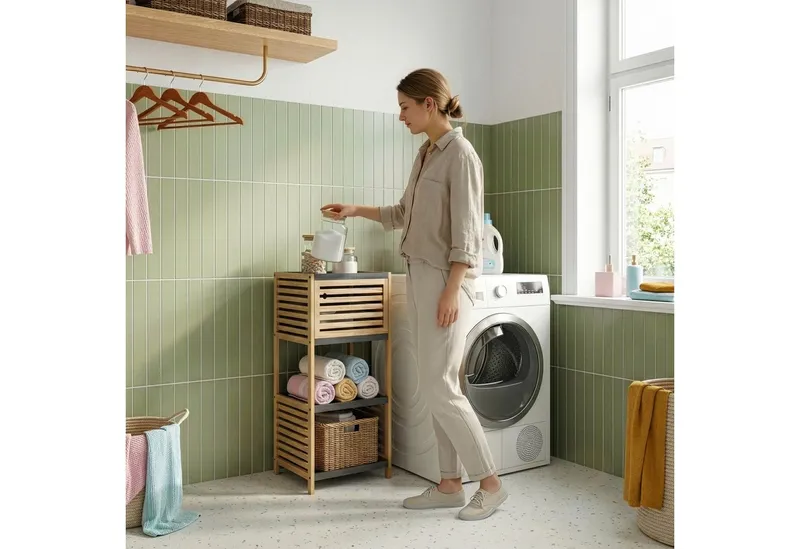 en.casa Badregal, »Kydesby« 83 x 39 x 30 cm 1 Tür 2 offene Fächer Bambus Natur/Grau, Beige|grau, – Produktbild 3 von 5
