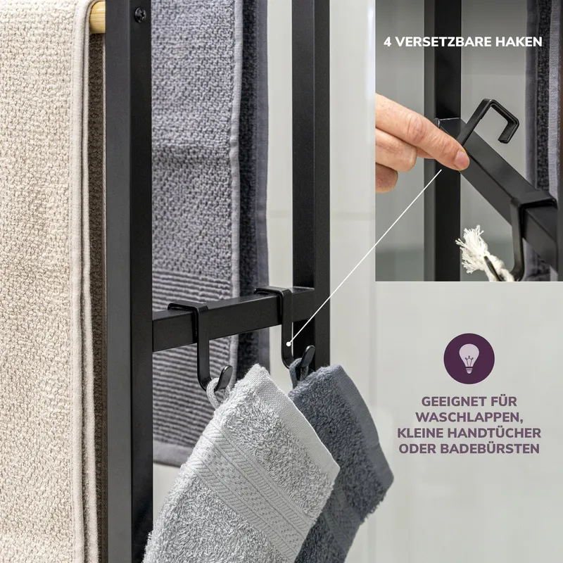 eluno Handtuchständer Badetuchhalter freistehend, mit 2 Bambus-Stangen, 4 Haken, Schwarz, – Produktbild 1 von 5