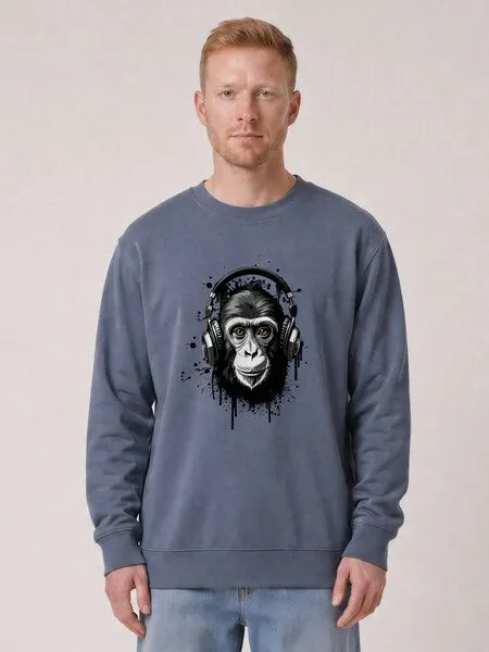 watapparel watapparel Sweatshirt Unisex Affe hört Musik, Blue grey, – Produktbild 2 von 2
