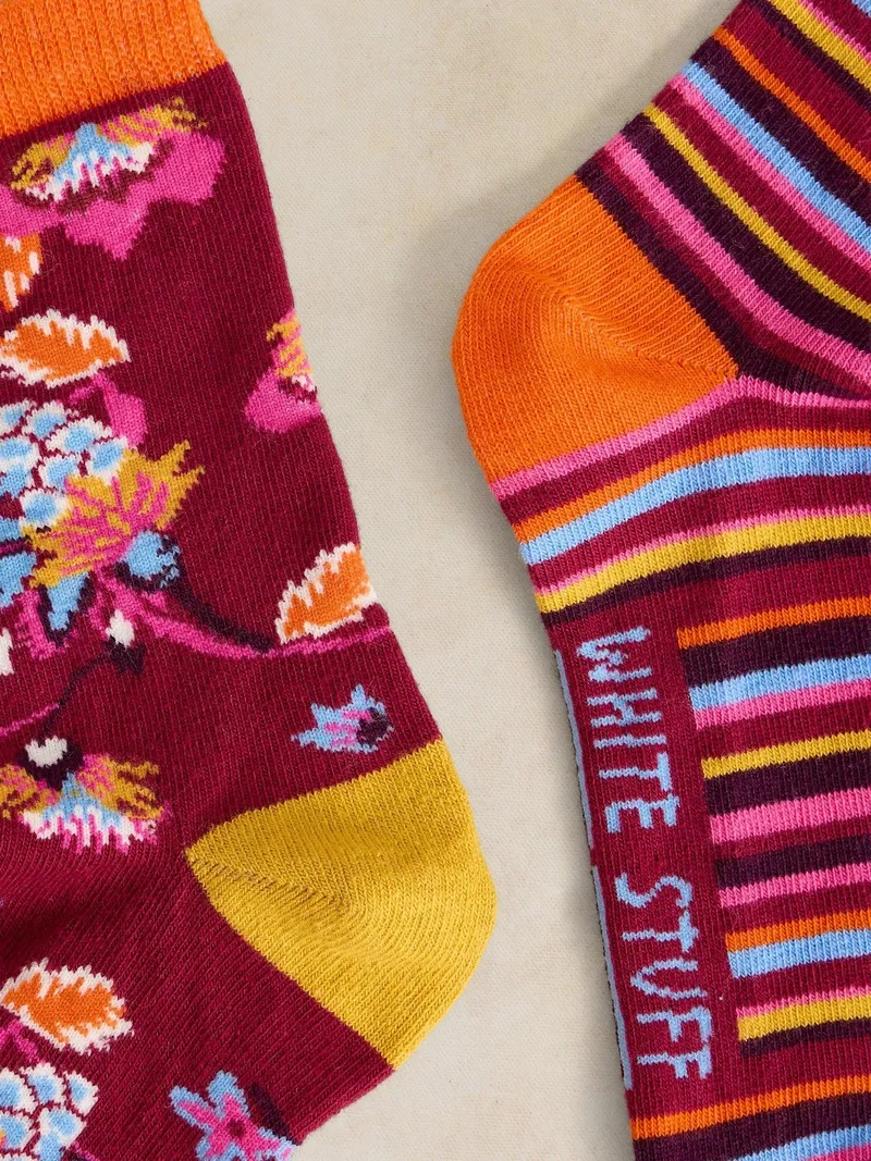 White Stuff 2-er Pack Socken Blumen & Streifen - 36-38, Pflaume multi, – Produktbild 2 von 2