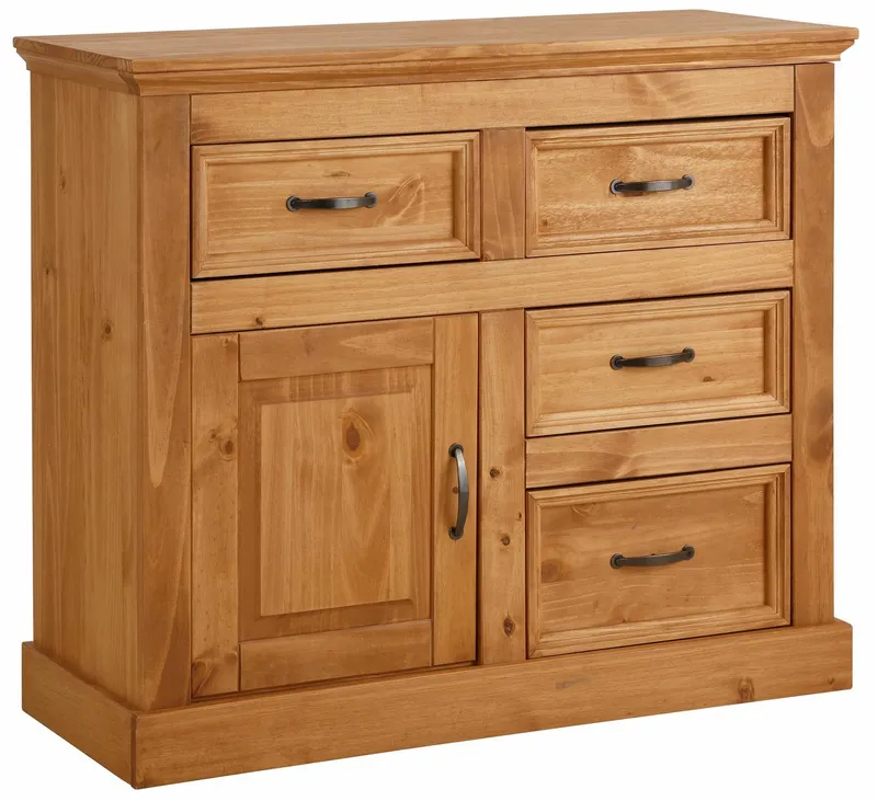 OTTO home Sideboard Selma Kommode mit 1 Tür, 3 Schubläden und 2 Fächer, Metallgriffe, aus massivem Kiefernholz, natürlichen Maserung, Breite/Höhe 100/87 cm, Beige, – Produktbild 1 von 5