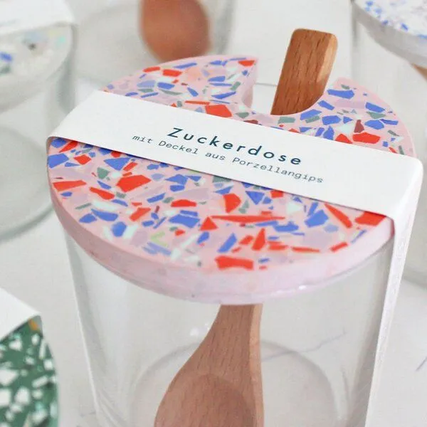 Objet Vague Objet Vague Zuckerdose, Glasdose Terrazzo inkl. Holzlöffel, Rosa, – Produktbild 3 von 3