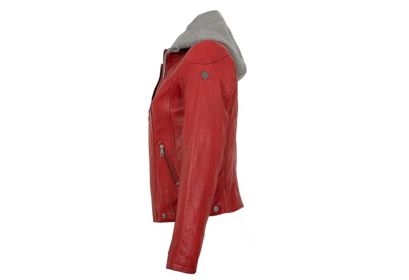 Mauritius Lederjacke MWAmmy Mauritius - Damen Lederjacke Lammnappa Kapuze rot, Rot, – Produktbild 5 von 5
