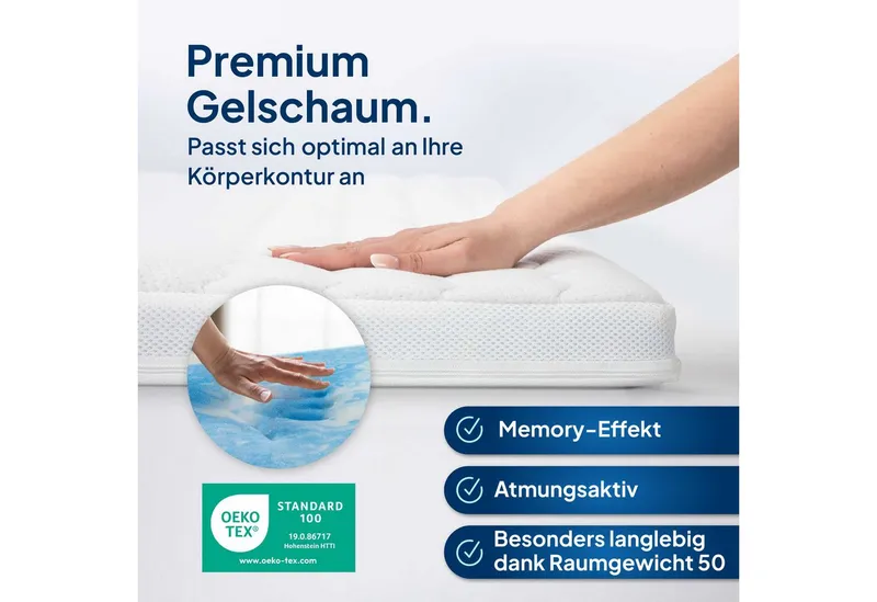 AM Qualitätsmatratzen, Topper Premium Gelschaum-Topper, Memory Foam, 6 cm hoch, 80x200 cm, Weiß, – Produktbild 3 von 5