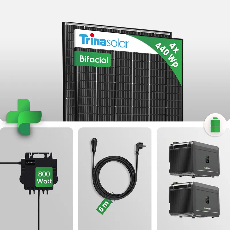 Growatt PV Set - 1760Wp Balkonkraftwerk Mit 2 × NOAH 2000 Batterien + 600/800W Mikro Wechselrichter + Trina Vertex S+ 440W Solarmodul – Produktbild 1 von 2