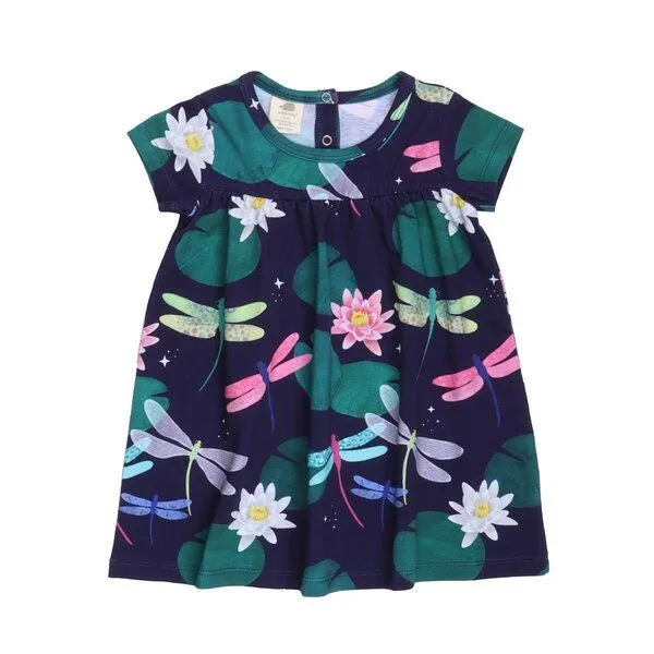 Walkiddy Kinder Kleid GOTS zertifiziert – Dunkelblau mit Libellenmuster, Kurzarm, weich & bequem | von Walkiddy – Produktbild 1 von 3