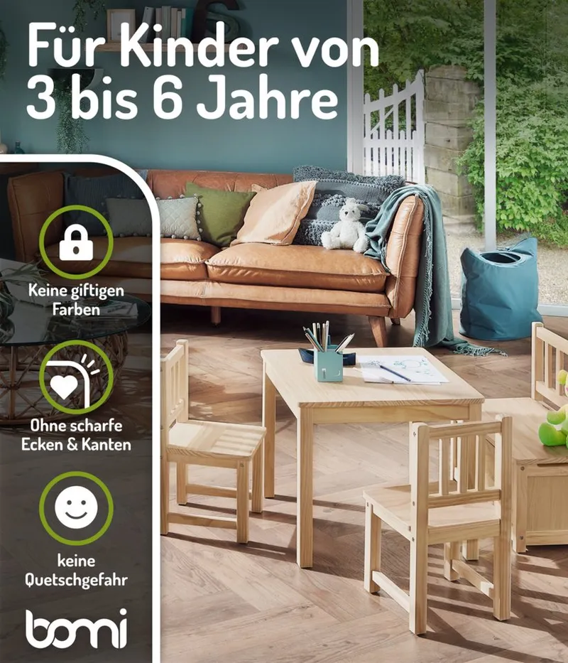 bomi bomi Kindersitzgruppe Holzsitzgruppe Anna, (Set, 4-tlg., 1x Tisch, 1x Truhenbank & 2x Stühle), Kindertischgruppe aus Holz, als Spiel- & Maltisch, Beige, – Produktbild 5 von 8