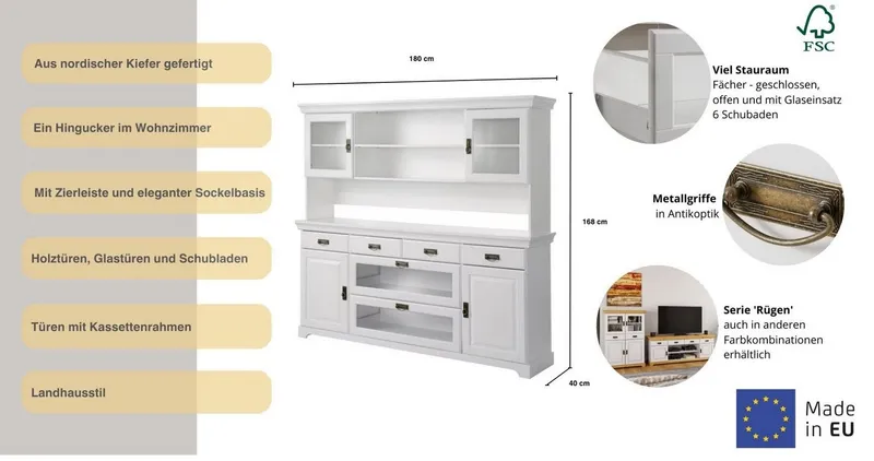 OTTO home Buffet Rügen FSC® zertifiziertes Massivholz, im Landhausstil, Weiß, – Produktbild 3 von 8