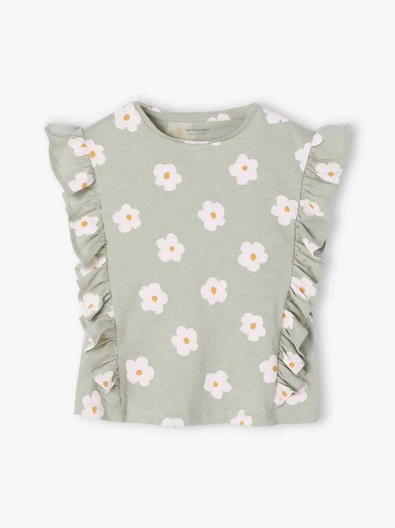 Vertbaudet Mädchen Top mit Volants und Blumenmotiven salbei, Salbeigrün, – Produktbild 1 von 3