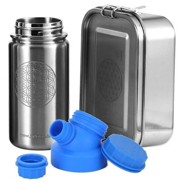 JN JuNiki's JN JuNiki's Einschulungs-Set "Blume des Lebens": Lunchbox + isolierte Edelstahltrinkflasche, Blau, – Produktbild 1 von 4