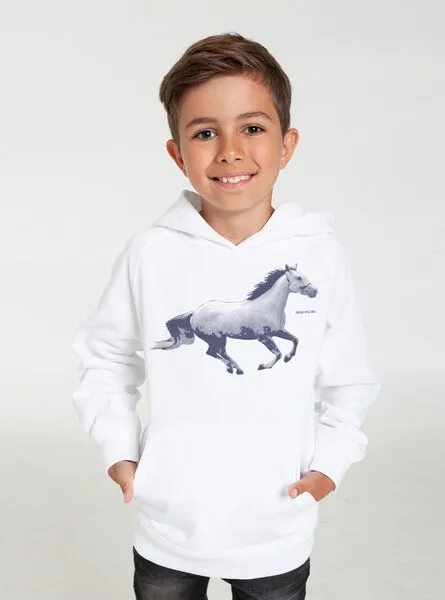 Peaces.bio - handbedruckte Biomode Peaces.bio - handbedruckte Biomode Bio-Kinder-Kapuzen-Sweatshirt "Horsepower", Weiss, – Produktbild 2 von 2