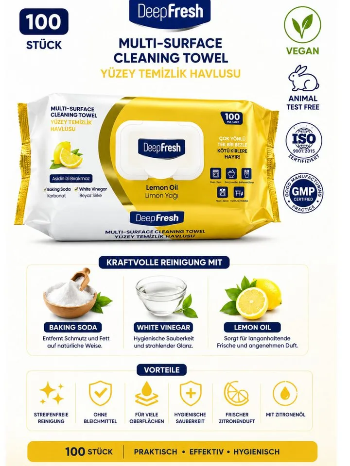 DeepFresh Multi-Surface Cleaning Towels Feuchte Reinigungstücher für Oberflächen Reinigungstuch (Lemon, 3-tlg., 1 Packung mit 100 Multi-Surface Reinigungstüchern, Streifenfreie Reinigung Vegan Animal Test Free Mit Baking Soda), Weiß, – Produktbild 3 von 3