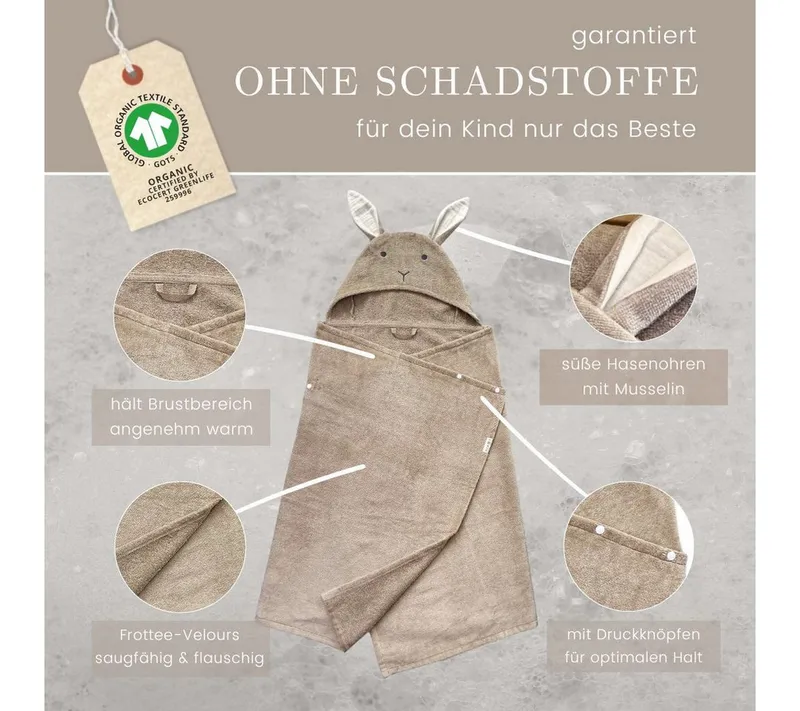 DIKOS Kapuzenhandtuch Badeponcho Baby Kinder Taupe/Altrosa, 70x140cm, 100% Bio-Baumwolle, 2-in-1 ab Geburt Handtuch mitwachsendes Badetuch/Poncho mit Knöpfen, Taupe, – Produktbild 5 von 5