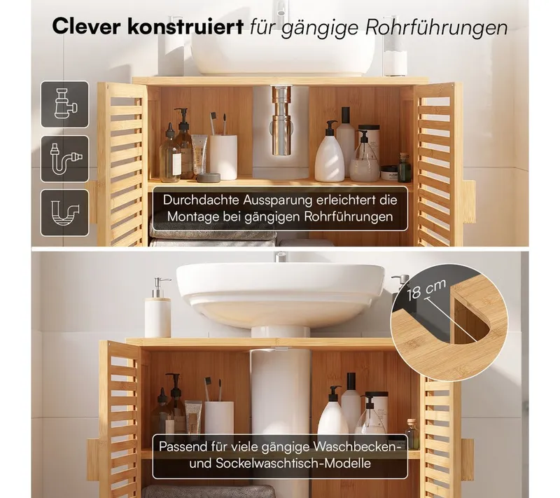 Bellamio Waschbeckenunterschrank Newa, Badezimmerschrank mit zwei Ablagefächern (mit Flügeltüren, 1-St) aus natürlichem Bambus, robst und langlebig, Braun, – Produktbild 7 von 8