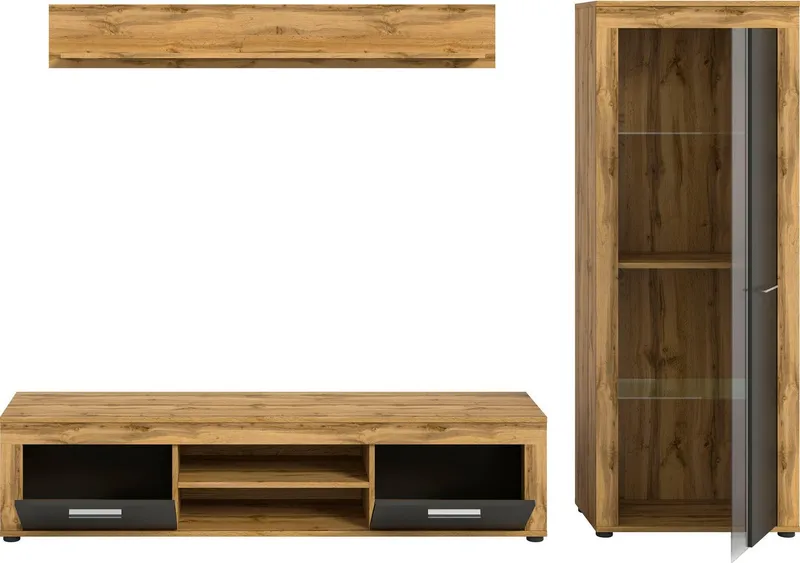 OTTO home Wohnwand AOSTA, Breite 235cm, 3-teilige Wohn-Kombination, (3-St., bestehend aus: Lowboard, Wandboard, Vitrine), Wohnwand, Kombination, Anbauwand, Möbel Set, Schrankwand, Möbel Kombi, Braun|grau, – Produktbild 3 von 4