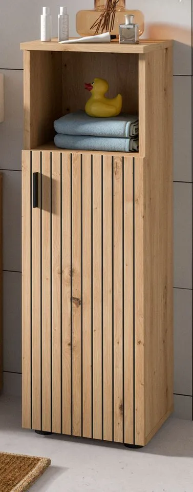 Inn.Furn Badkommode Livia (Badschrank in Eiche Artisan mit Leistenoptik, 30 x 95 cm), Türanschlag wechselbar, Braun, – Produktbild 2 von 5