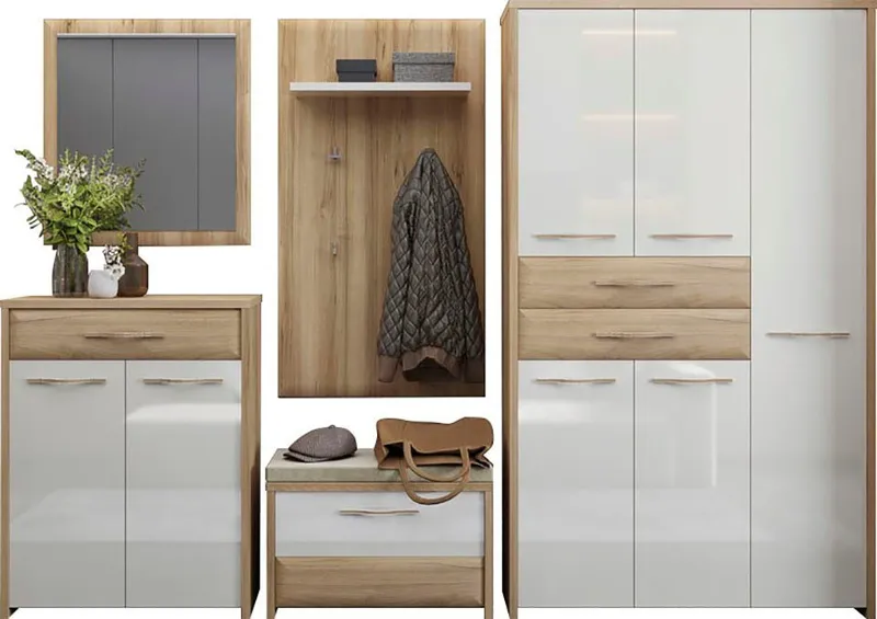 OTTO home Garderoben-Set Gala, (Set, 5-St., Garderobenschrank,Schuhschrank,Schuhbank,Garderobenpaneel,Wandspiegel), Soft-Close Funktion, Hochglanz UV lackiert, Beige|weiß, – Produktbild 4 von 8