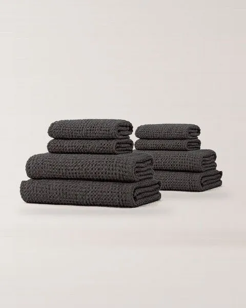 AmourLinen AmourLinen Waffel-Handtuch-Set aus Leinen, Family-Pack, 4 Badetücher + 4 Handtücher, Charcoal (schwarz), – Produktbild 1 von 4