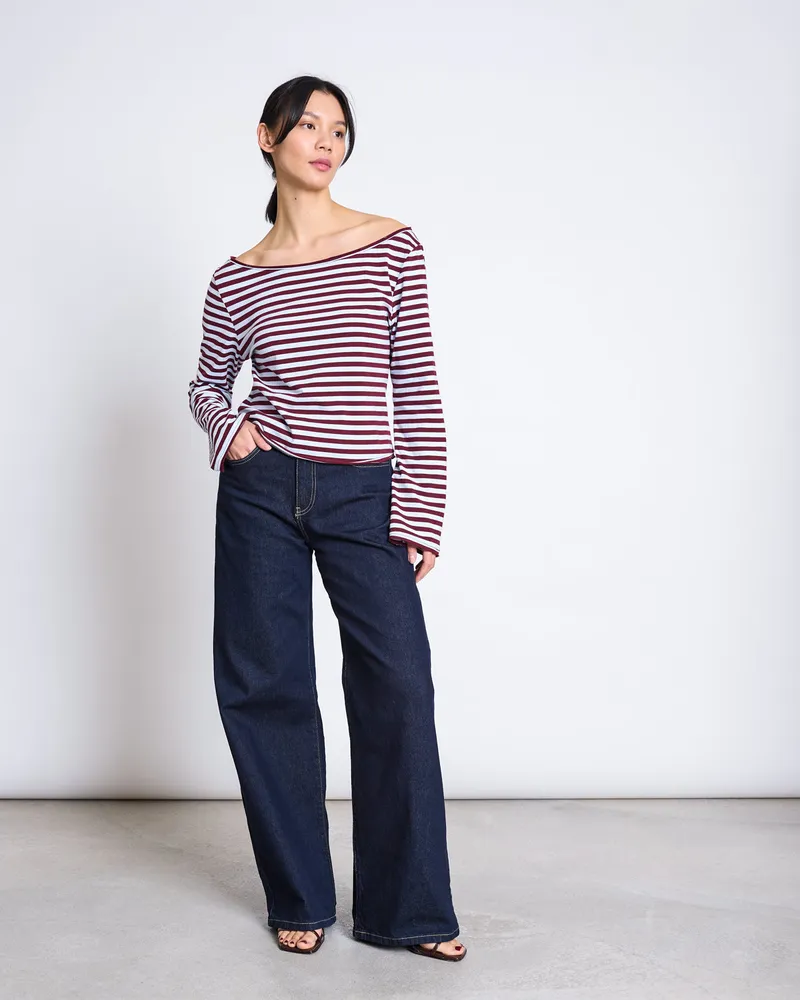 JAN N JUNE JAN 'N JUNE Damen vegan Langarm-Shirt Mit Schulterfreiem Ausschnitt, Arba, Rot-Blau Gestreift, Dunkelrot, – Produktbild 1 von 2
