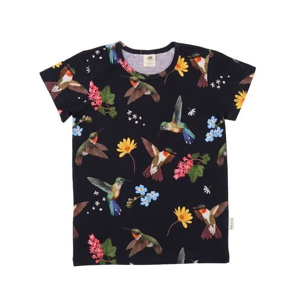 Walkiddy Walkiddy Kinder T-Shirt aus Bio-Baumwolle schwarz mit Kolibri- und Blumen-Motiv, Blau, – Produktbild 2 von 3