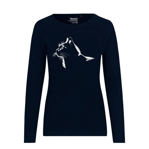 HANDGEDRUCKT HANDGEDRUCKT "Stubentiger" Frauen Longsleeve aus reiner Biobaumwolle (kbA), Navy blue, – Produktbild 1 von 2