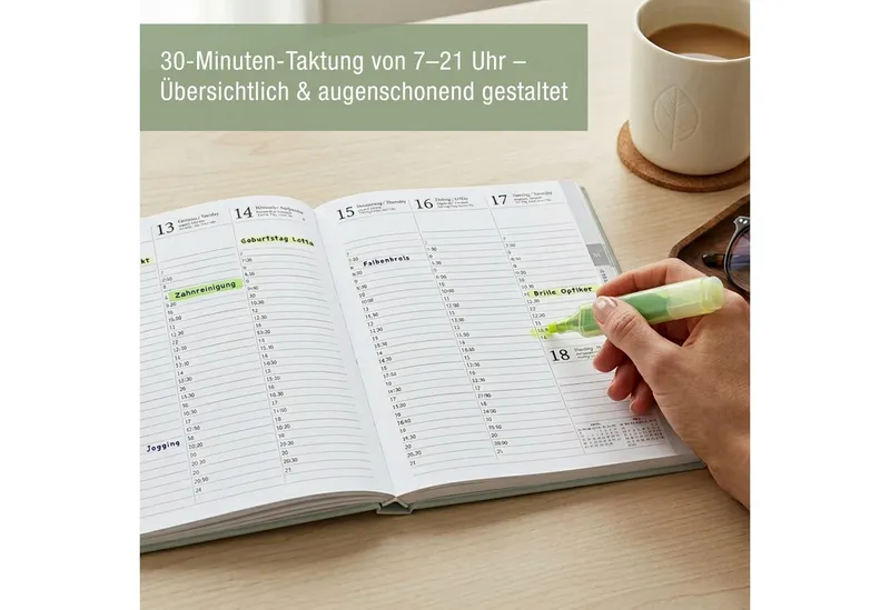 TOBJA Buchkalender Buchkalender 2027 Wochenplaner salbeigrün Skandi OptiPlaner Sage FSC, Salbeigrün, Roségold-Blumen, 30-Min-Taktung, 18,5x26 cm, FSC – Produktbild 3 von 5