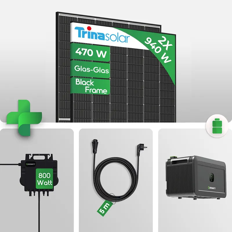 Growatt Balkonkraftwerk 940W mit NOAH 2000 Speicher 2 kWh | Growatt NEO 800W WiFi | Mini PV Anlage Steckdose | Trina Vertex S+ 470W Black Frame Solarmodule | inkl. 0 % MwSt. für Privatkunden – Produktbild 1 von 8