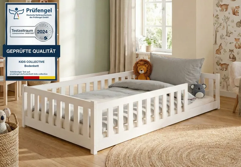 Kids Collective Kinderbett Bodenbett Bett mit Rausfallschutz & Lattenrost Montessori Bett Kinder (Jungen, Mädchen, Kinder, weitere Größen 80x160, 80x180, 90x190, 90x200, 140x200 cm), Jugendbett Gitterbett Einzelbett, Weiß Kiefer 120x200 cm, Weiß, – Produktbild 2 von 5