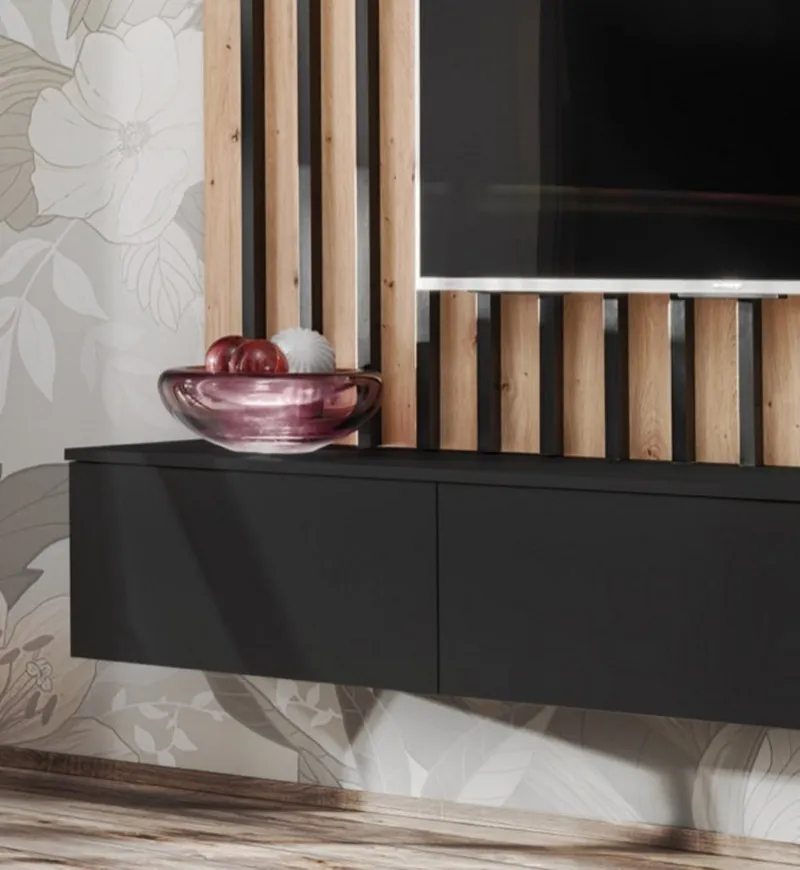 Furn.Design Wohnwand Pearl, (Mediawand in schwarz mit Artisan Eiche, 3-teilig, 220 x 190 cm), Push-To-Open, inkl. LED Beleuchtung, Schwarz, – Produktbild 4 von 5