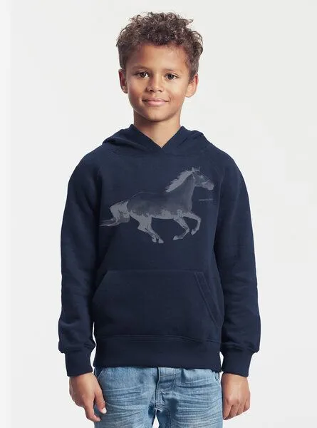 Peaces.bio - handbedruckte Biomode Peaces.bio - handbedruckte Biomode Bio-Kinder-Kapuzen-Sweatshirt "Horsepower", Navy, – Produktbild 2 von 2