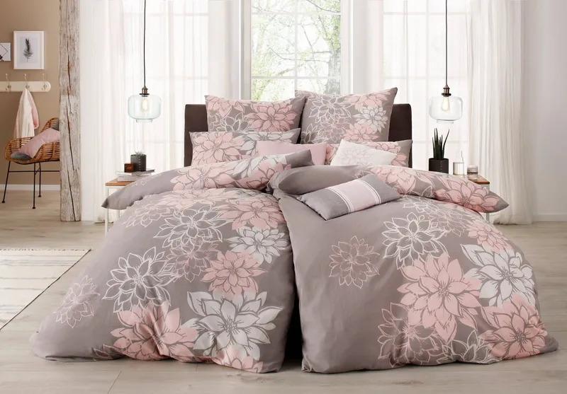 OTTO home Bettwäsche Susan in Gr. 135x200 oder 155x220 cm, Biber, 2 teilig, in verschiedenen Qualitäten, romantische Bettwäsche mit Blumen, Grau|rosa, – Produktbild 1 von 5