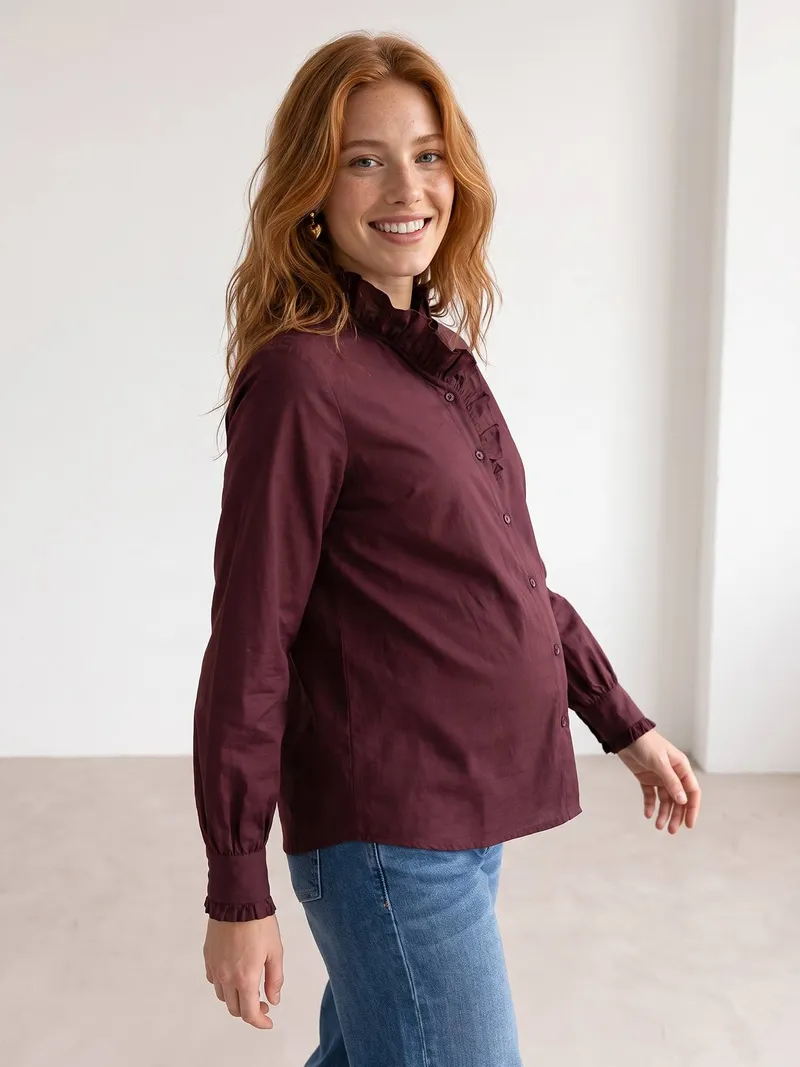 Vertbaudet Vertbaudet Bluse mit Knopfleiste & Rüschen-Details für Schwangerschaft & Stillzeit, Pflaume, – Produktbild 2 von 4