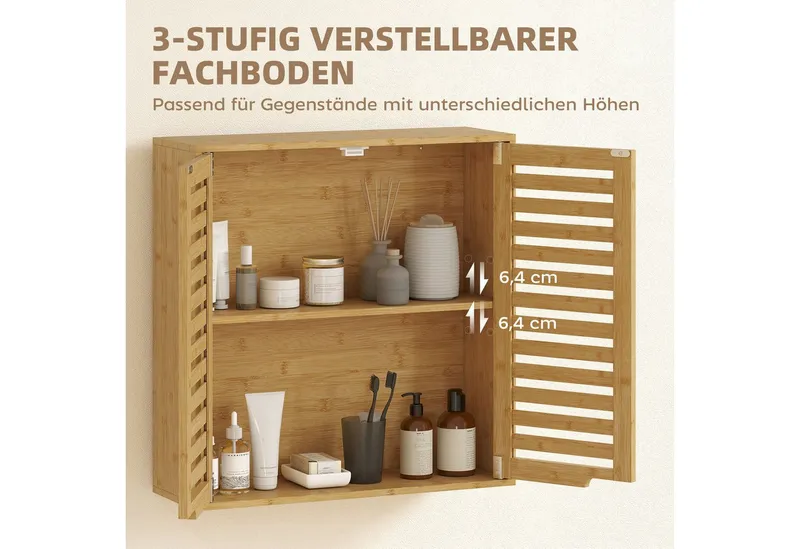 HOMCOM HOMCOM Hängeschrank Wandschrank aus Bambus, atmungsaktive Lamellentüren, Badschrank (Wandschrank aus Bambus, 1-St., Badezimmerschrank) über der Toilette, 60 x 20 x 60 cm, Beige, – Produktbild 5 von 5
