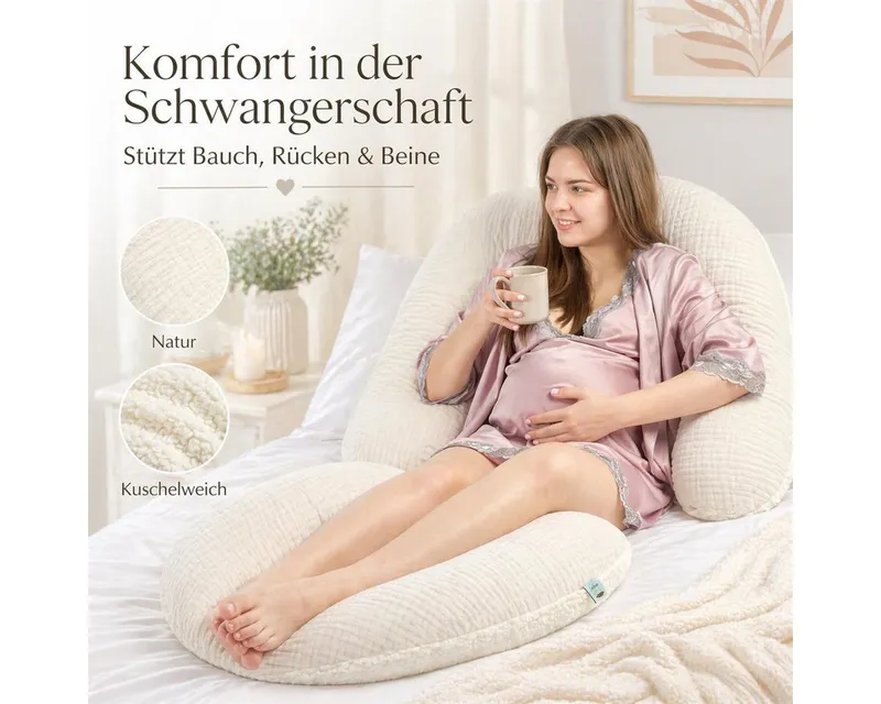 SEI Design Stillkissen XXL 190x35 cm Musselin EPS Mikroperlen Seitenschläferkissen GOTS Taupe, Schwangerschaftskissen mit Bezug, Schwangerschaftskissen mit Bezug, Beige, – Produktbild 4 von 5