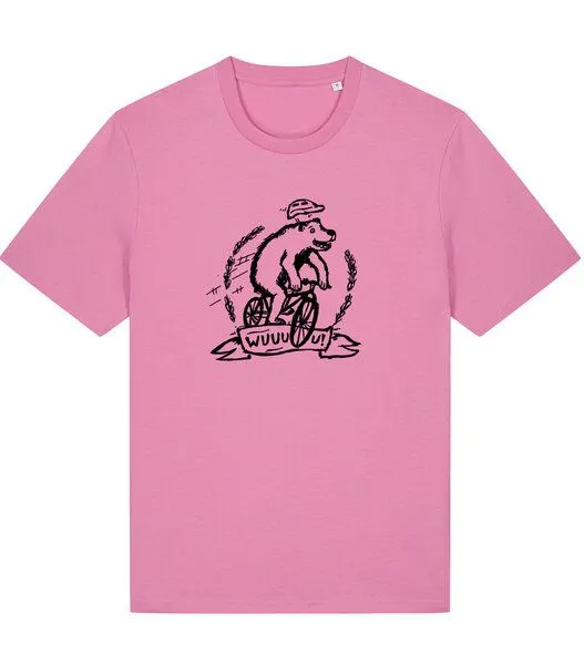 päfjes päfjes Wuuuu der Bär fährt Rad / Fahrrad - Fair Wear Männer Unisex Bio T-Shirt Siebdruck, Rosa (bubble pink), – Produktbild 2 von 3