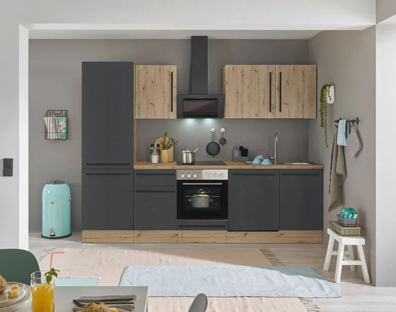 KOCHSTATION Küchenzeile KS-Florida mit 38mm starker Arbeitsplatte, Breite 280 cm, wahlweise mit E-Geräten, Soft-Close-Funktion, Schwarz, – Produktbild 2 von 8