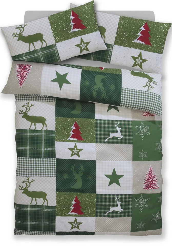 OTTO home Bettwäsche Nicholas, Microfaser, 2 teilig, Weihnachtsbettwäsche, Winter, in 3 Qualitäten verfügbar, Grün, – Produktbild 2 von 5