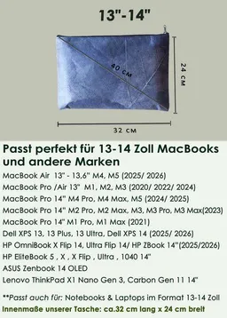 BY COPALA BY COPALA Gefütterte nachhaltige Laptop Hülle 13–14 Zoll aus Blattleder – Handgenähte vegane Laptoptasche, wasserabweisendes Laptop Case, Unikat für MacBook Air & Pro in Marineblau – Produktbild 1 von 1