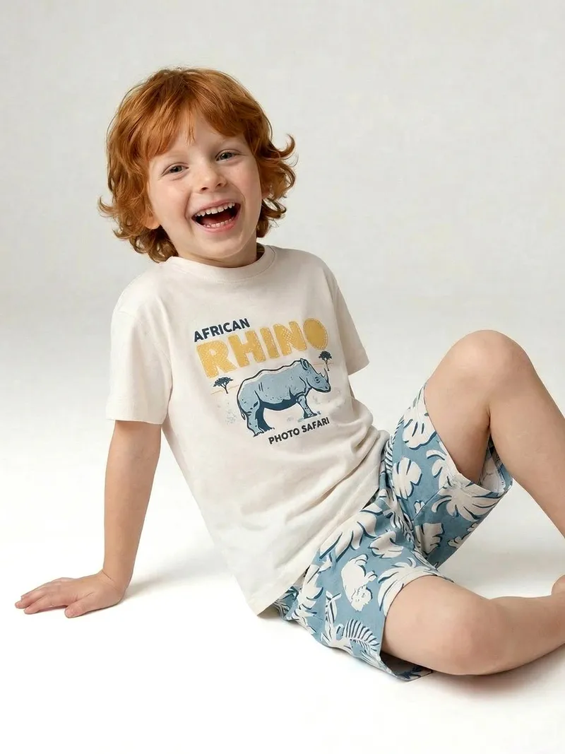 Vertbaudet Jungen-Set aus T-Shirt und Shorts AFRICAN RHINO, Wollweiß, – Produktbild 2 von 4