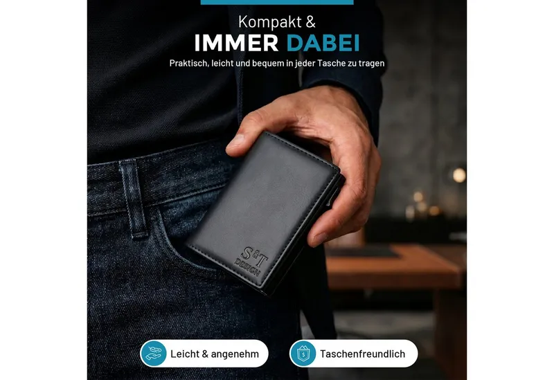 S&T Design Smart-Wallet RFID-Geldbörse Brieftasche Kartenetui Leder mit Münz- und Bargeldfach (14 Karten Kleines Portmonee Schwarz, 1-tlg., mit Sichtfenster, inkl. Geschenkbox und Dankeskarte), RFID Diebstahl Schutz Münzfach Karten-Slider Magnetverschluß 14 Karten, Schwarz, – Produktbild 3 von 5