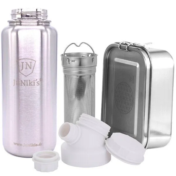 JN JuNiki's JN JuNiki's Set "Blume des Lebens": Lunchbox + 1 Liter Edelstahltrinkflasche + Teefilter, Weiß, – Produktbild 2 von 4