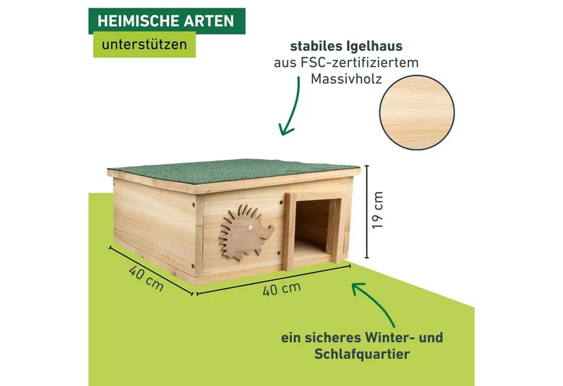 Windhager Windhager Tierhaus Igelfutterhaus aus Massivholz, ein sicheres Winter- und Schlafquartier, Igelhotel mit abnehmbarem Dach, 40x40x19 cm, Beige, – Produktbild 3 von 5