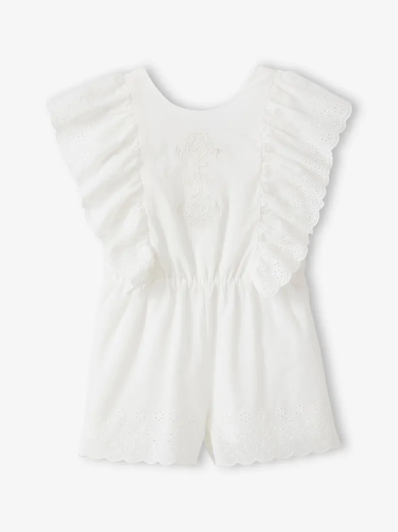Vertbaudet Kurzer Mädchen Jumpsuit mit Stickerei und Volants, Weiß, – Produktbild 1 von 4