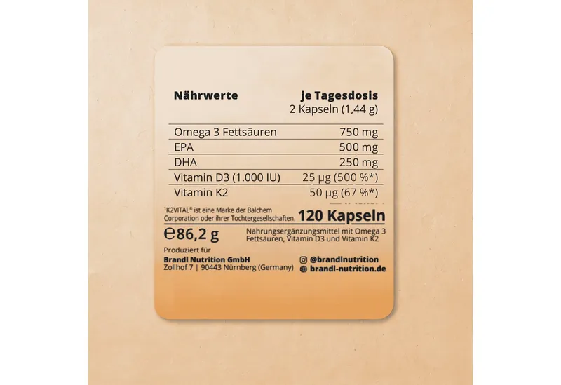 Brandl Nutrition Brandl Nutrition Omega D3 K2 Kapsel hochdosiert, Premium Omega 3 mit Fischöl aus der EU Kapseln, Vitamin D3 aus Flechten, gute Kapselgröße, unabhängig laborgeprüft – Produktbild 5 von 6