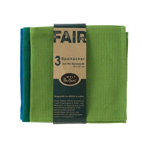 weltPartner weltPartner 3er-Set Spültücher aus Bio-Baumwolle, 30x30 cm, Grün-blau (grün), – Produktbild 1 von 3
