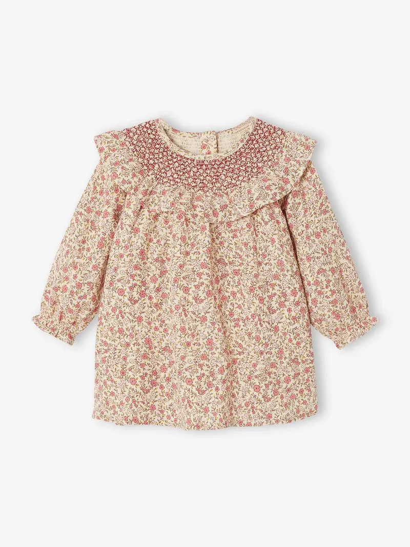 Vertbaudet Vertbaudet Baby Kleid mit gesmokten Ausschnitt, Wollweiß, – Produktbild 2 von 3