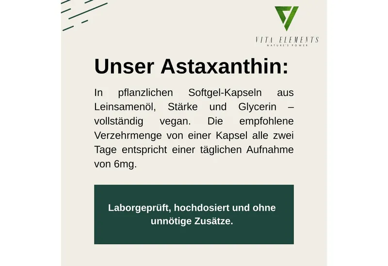 Vita Elements Astaxanthin - 12mg aus konzentriertem Algen-Oleoresin, 180 Kapseln, 1 er Packung à 180 St., Vegan, Frei von Gentechnik, Ohne Fischöl & Gelatine, Laborgeprüft – Produktbild 2 von 5