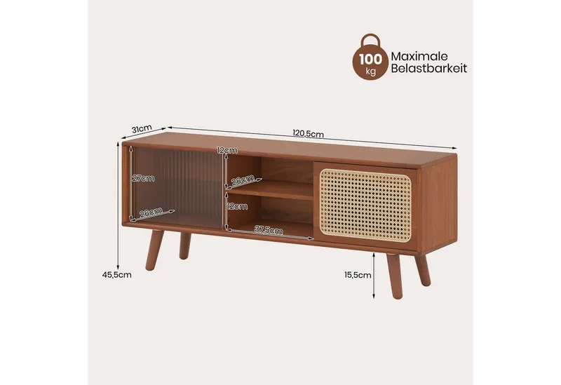 COSTWAY COSTWAY TV-Schrank mit 2 Schiebetüren, Glas und Bambus TV Ständer, Braun, – Produktbild 5 von 5
