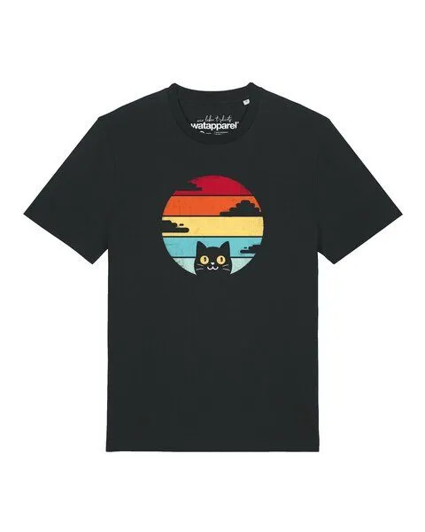 watapparel watapparel T-Shirt Unisex Retro Sunset Cat, Black, – Produktbild 1 von 2